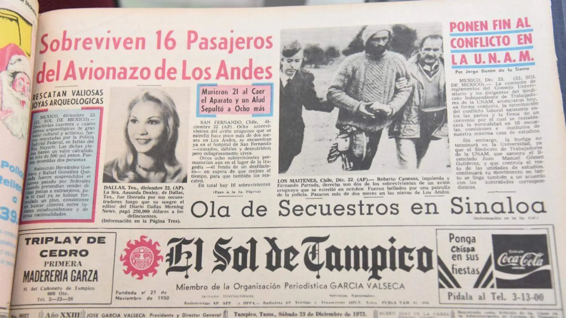 El Sol de Tampico anunció el rescate de los sobrevivientes del accidente de Los Andes hace casi 51 años